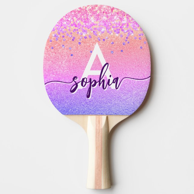 Glam Pink Gold Glitter Monogram Script Colourful  Ping Pong Paddle (Front)