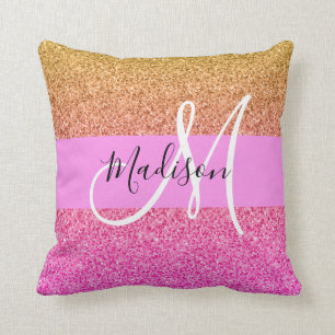 Glam Pink & Gold Glitter Sparkle Gradient Monogram Cushion