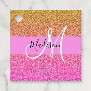 Glam Pink & Gold Glitter Sparkle Gradient Monogram Favour Tags