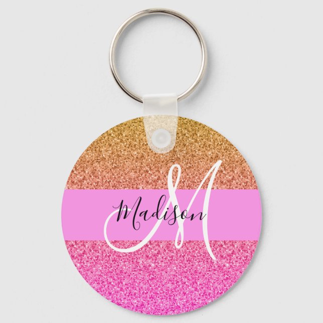 Glam Pink & Gold Glitter Sparkle Gradient Monogram Key Ring (Front)