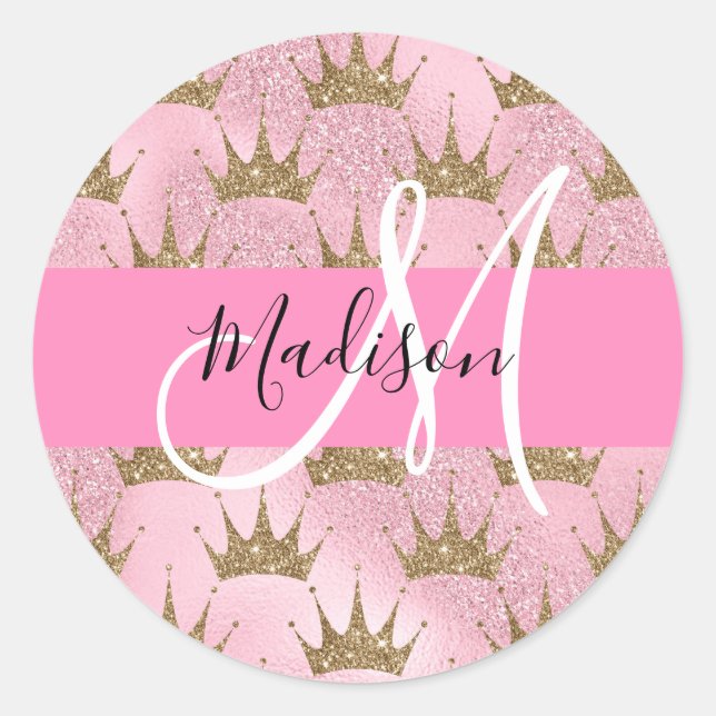 Glam Pink & Gold Glitter Sparkles Crowns Monogram Classic Round Sticker (Front)