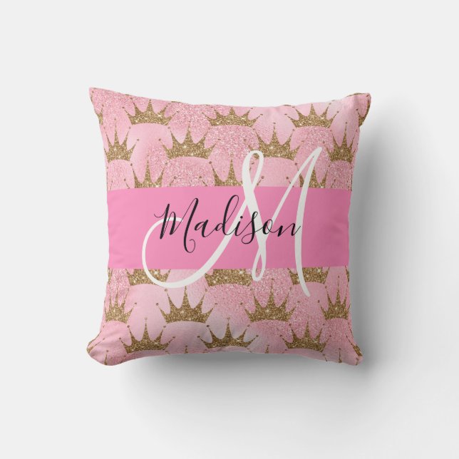 Glam Pink & Gold Glitter Sparkles Crowns Monogram Cushion (Front)
