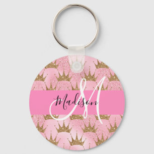 Glam Pink & Gold Glitter Sparkles Crowns Monogram Key Ring