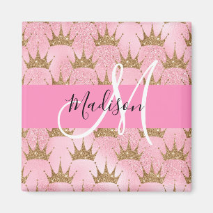 Glam Pink & Gold Glitter Sparkles Crowns Monogram Magnet