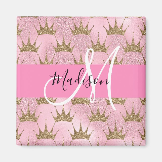 Glam Pink & Gold Glitter Sparkles Crowns Monogram Magnet (Front)