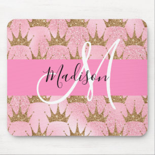 Glam Pink & Gold Glitter Sparkles Crowns Monogram Mouse Pad