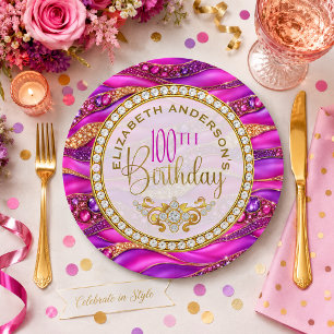 Glam Pink Gold Jewelled Strata 100th Birthday Paper Plate
