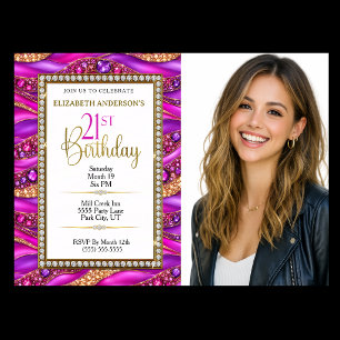 Glam Pink Gold Jewelled Strata 21st Birthday Photo Invitation