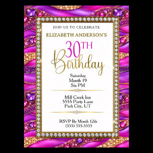 Glam Pink Gold Jewelled Strata 30th Birthday Invitation