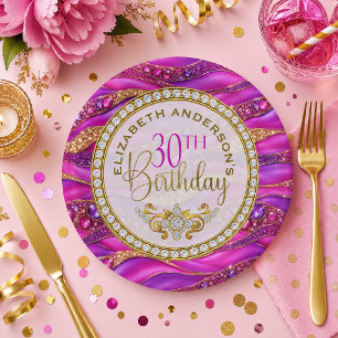 Glam Pink Gold Jewelled Strata 30th Birthday Paper Plate
