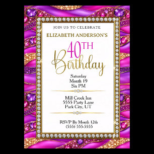 Glam Pink Gold Jewelled Strata 40th Birthday Invitation