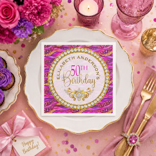 Glam Pink Gold Jewelled Strata 50th Birthday Napkin