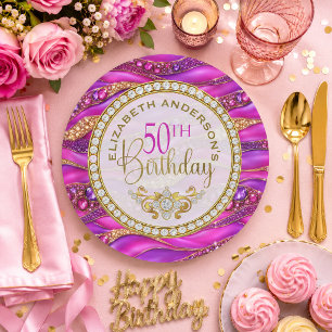 Glam Pink Gold Jewelled Strata 50th Birthday Paper Plate