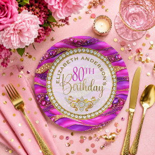 Glam Pink Gold Jewelled Strata 80th Birthday Paper Plate