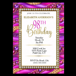 Glam Pink Gold Jewelled Strata 98th Birthday Invitation