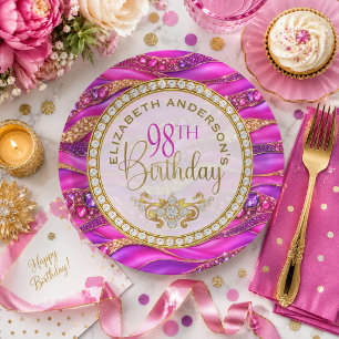 Glam Pink Gold Jewelled Strata 98th Birthday Paper Plate