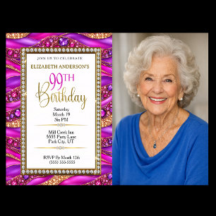 Glam Pink Gold Jewelled Strata 99th Birthday Photo Invitation