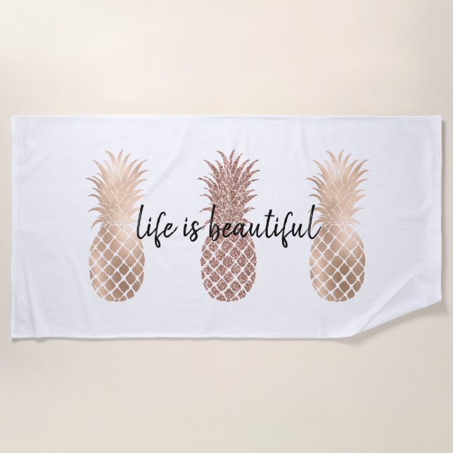 Glam Pink Gold Pineapples Beach Towel (Front)