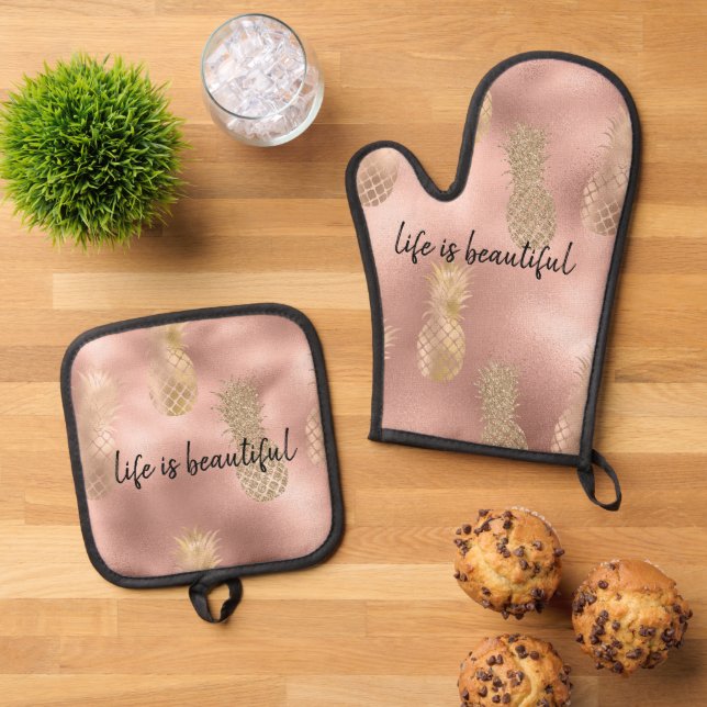 Glam Pink Gold Pineapples Oven Mitt & Pot Holder Set (Top Down)