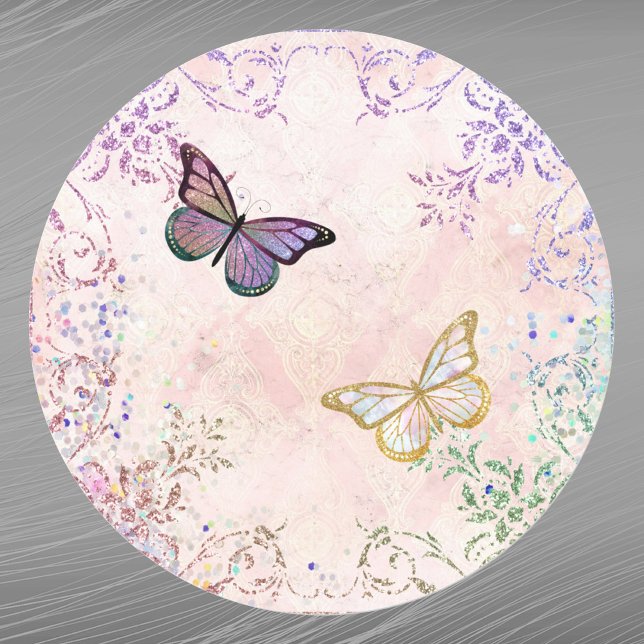 Glam Pink Gold Purple Butterflies Classic Round Sticker (Creator Uploaded)