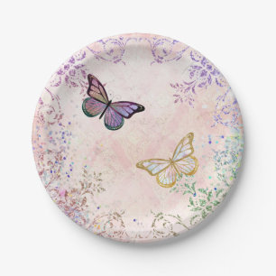 Glam Pink Gold Purple Butterflies Paper Plate