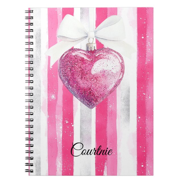 Glam Pink Heart Bow Stripes Notebook (Front)