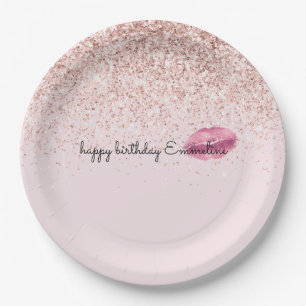 Glam Pink Kiss Lips Blush Glitter Paper Plate