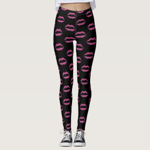 Glam pink lips print on black makeup artist salon leggings