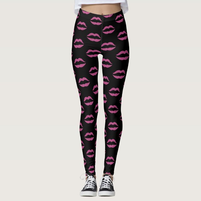 Glam pink lips print on black makeup artist salon leggings (Front)