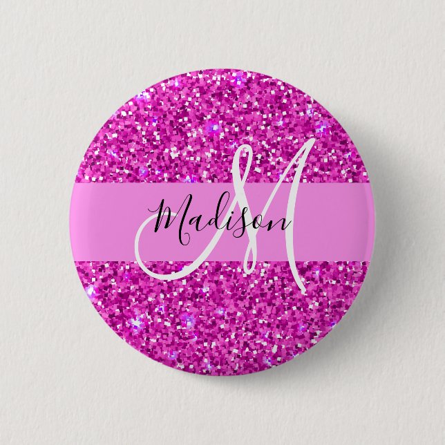 Glam Pink & Magenta Glitter Sparkle Monogram Name 6 Cm Round Badge (Front)