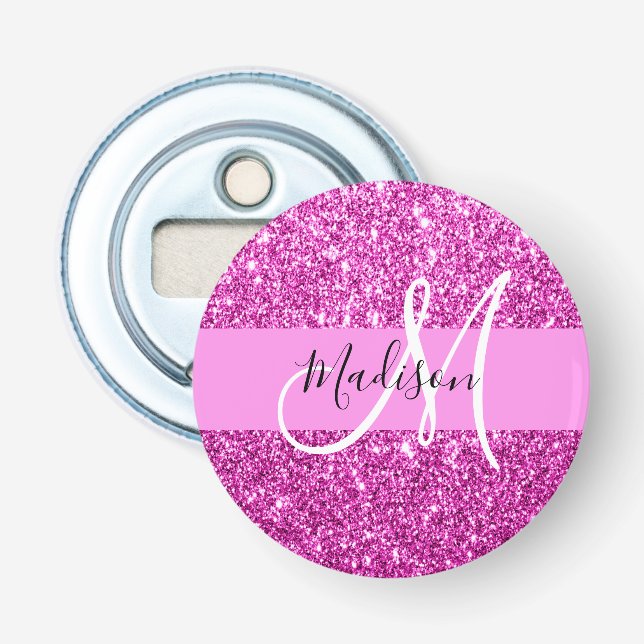 Glam Pink & Magenta Glitter Sparkle Monogram Name Bottle Opener (Front)