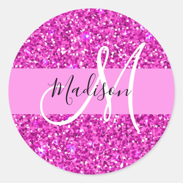 Glam Pink & Magenta Glitter Sparkle Monogram Name Classic Round Sticker (Front)