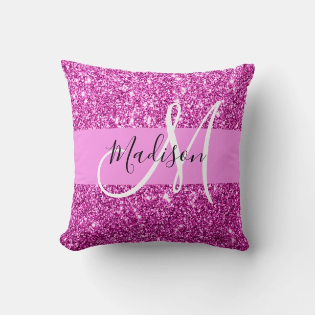 Glam Pink & Magenta Glitter Sparkle Monogram Name Cushion (Front)
