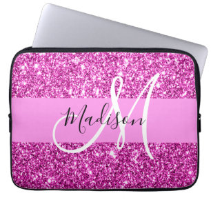 Glam Pink & Magenta Glitter Sparkle Monogram Name Laptop Sleeve