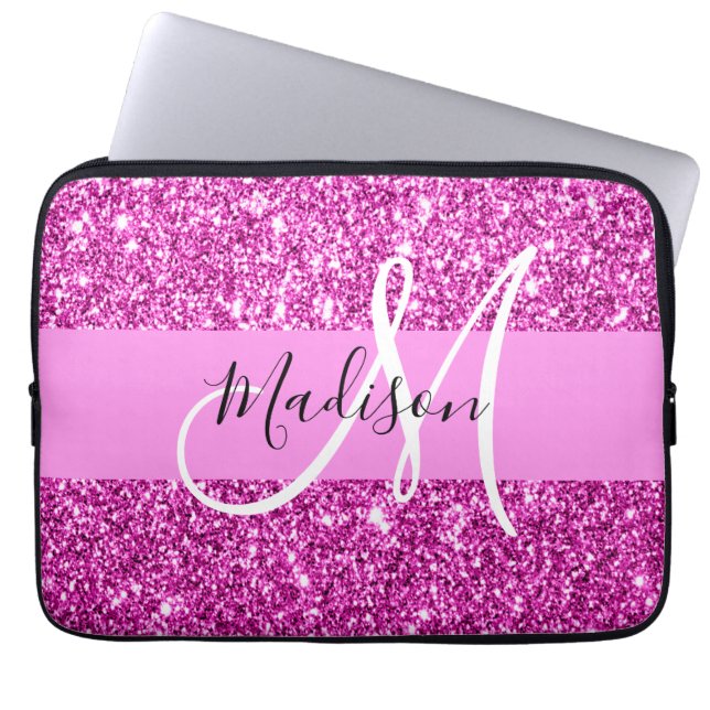 Glam Pink & Magenta Glitter Sparkle Monogram Name Laptop Sleeve (Front)