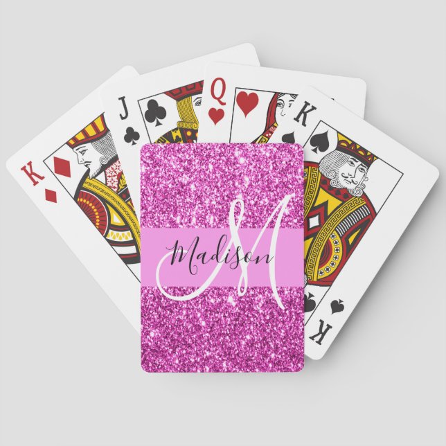 Glam Pink & Magenta Glitter Sparkle Monogram Name Playing Cards (Back)