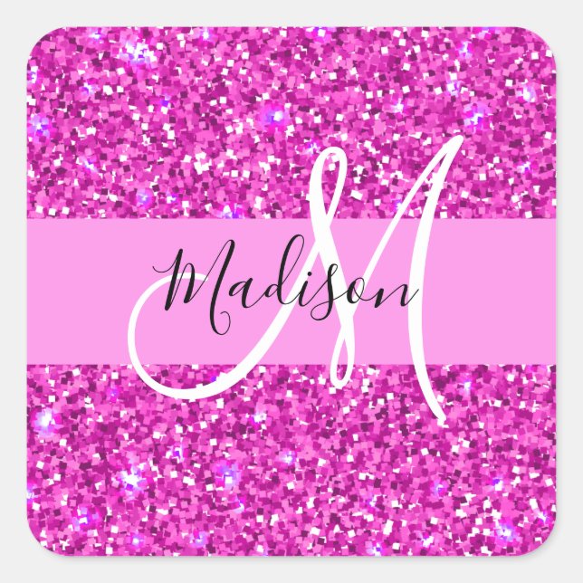 Glam Pink & Magenta Glitter Sparkle Monogram Name Square Sticker (Front)