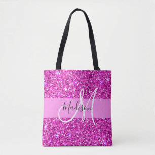 Glam Pink & Magenta Glitter Sparkle Monogram Name Tote Bag