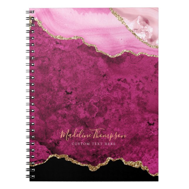 Glam Pink Magenta Velvet Agate Geode Gold Script Notebook (Front)