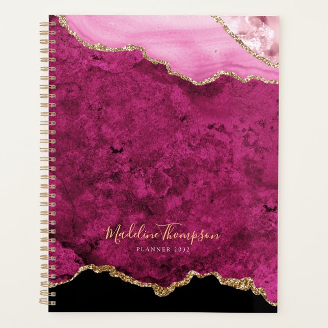 Glam Pink Magenta Velvet Agate Geode Gold Script Planner (Front)