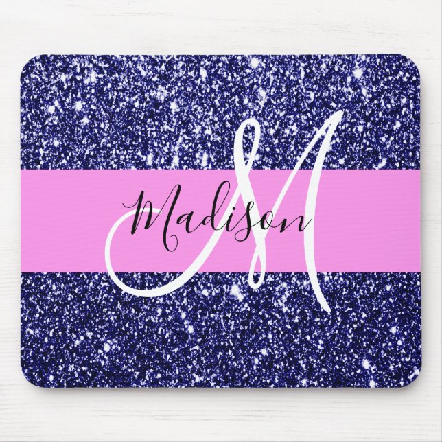Glam Pink Navy Blue Glitter Sparkles Name Monogram Mouse Pad (Front)