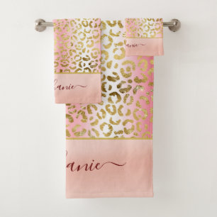 Glam Pink Ombre Gold Leopard Pattern Personalised Bath Towel Set
