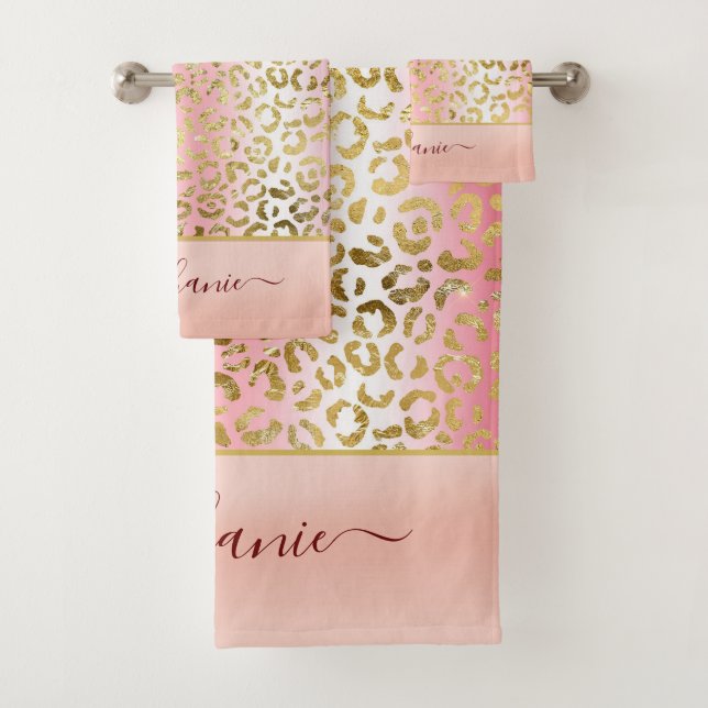 Glam Pink Ombre Gold Leopard Pattern Personalised Bath Towel Set (Insitu)