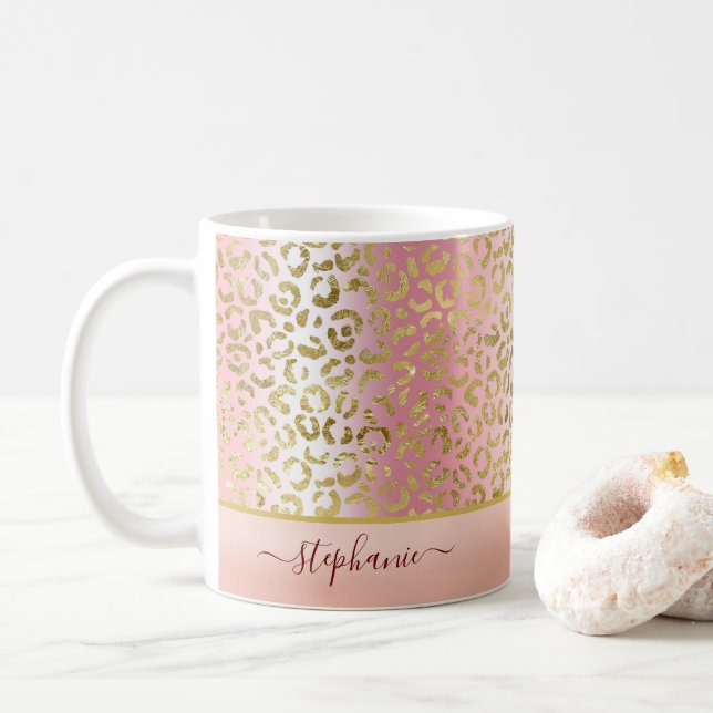 Glam Pink Ombre Gold Leopard Pattern Personalised Coffee Mug (With Donut)