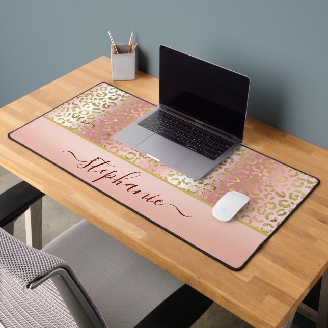 Glam Pink Ombre Gold Leopard Pattern Personalised Desk Mat (Office 2)
