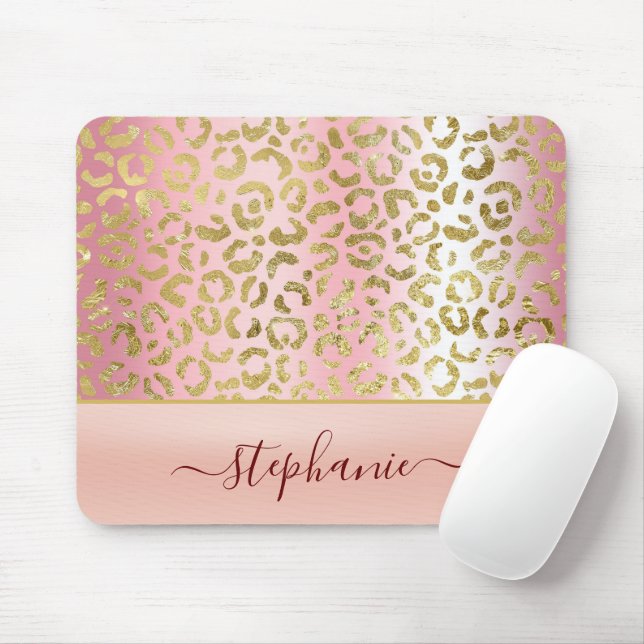 Glam Pink Ombre Gold Leopard Pattern Personalised Mouse Pad (With Mouse)
