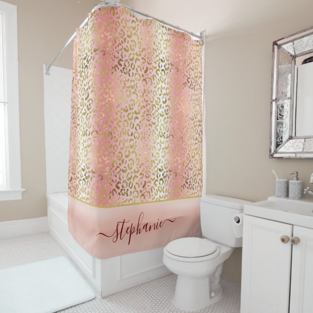 Glam Pink Ombre Gold Leopard Pattern Personalised Shower Curtain (In Situ)