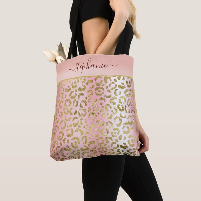 Glam Pink Ombre Gold Leopard Pattern Personalised Tote Bag (Close Up)