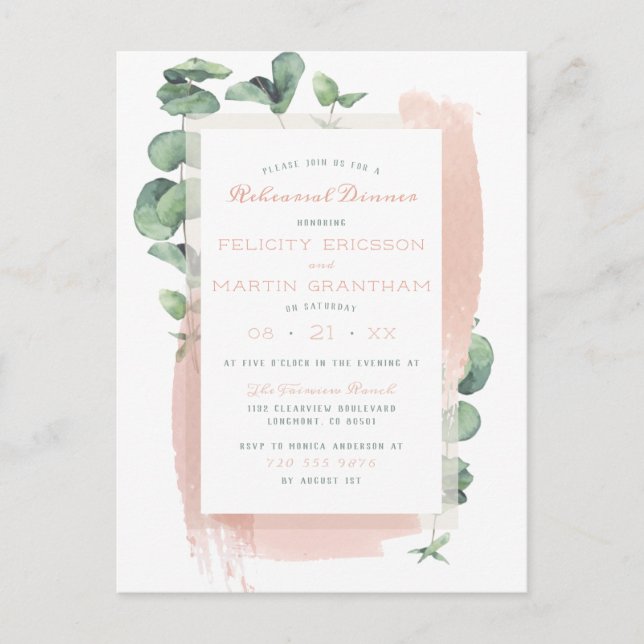 Glam Pink Painted Brushed Floral Rehearsal Dinner Invitation Postcard (Front)