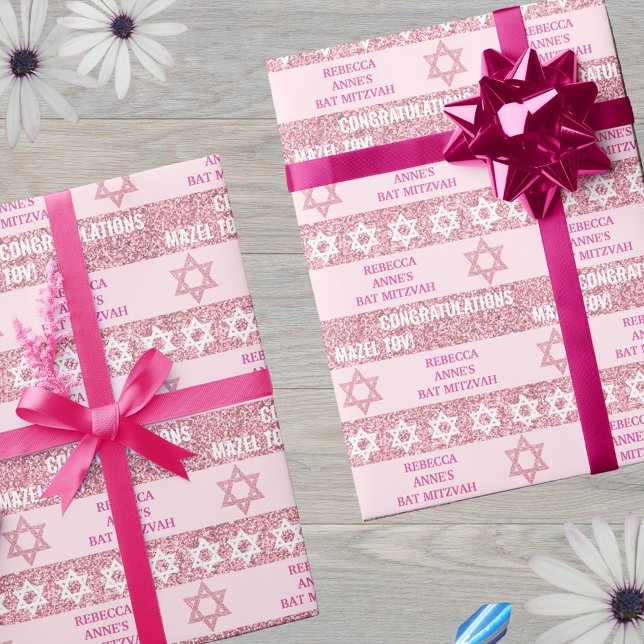 Glam Pink Personalised Jewish Girl Bat Mitzvah Wrapping Paper (This pink faux glitter wrapping paper is easy to personalize for the Bat Mitzvah girl)